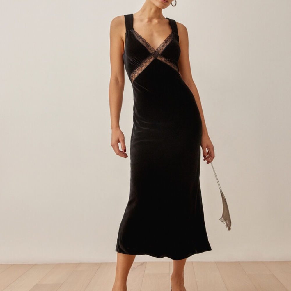 Reformation Lorenzo Velvet Lace Black Slip Dress